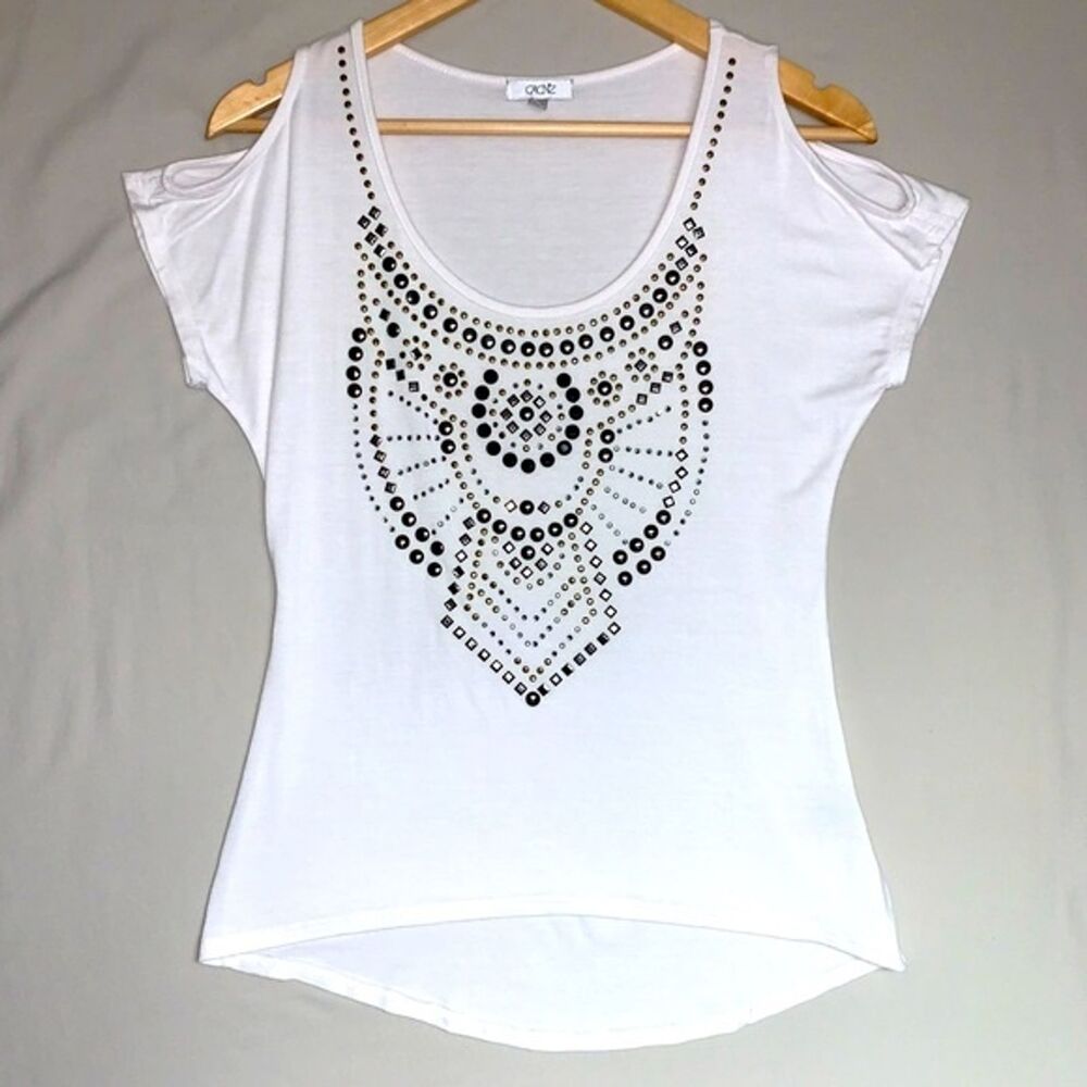 Cache White Cold Shoulder Shirt Women’s XS Embellished Blouse Top Neutral